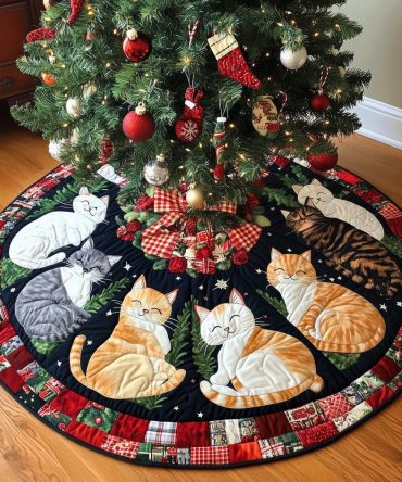 Whisker Wishes Holiday Tree Skirt – Custom Handmade Christmas Tree Skirt With Whimsical Cat Motifs And Premium Fabric Choices, Made To Order