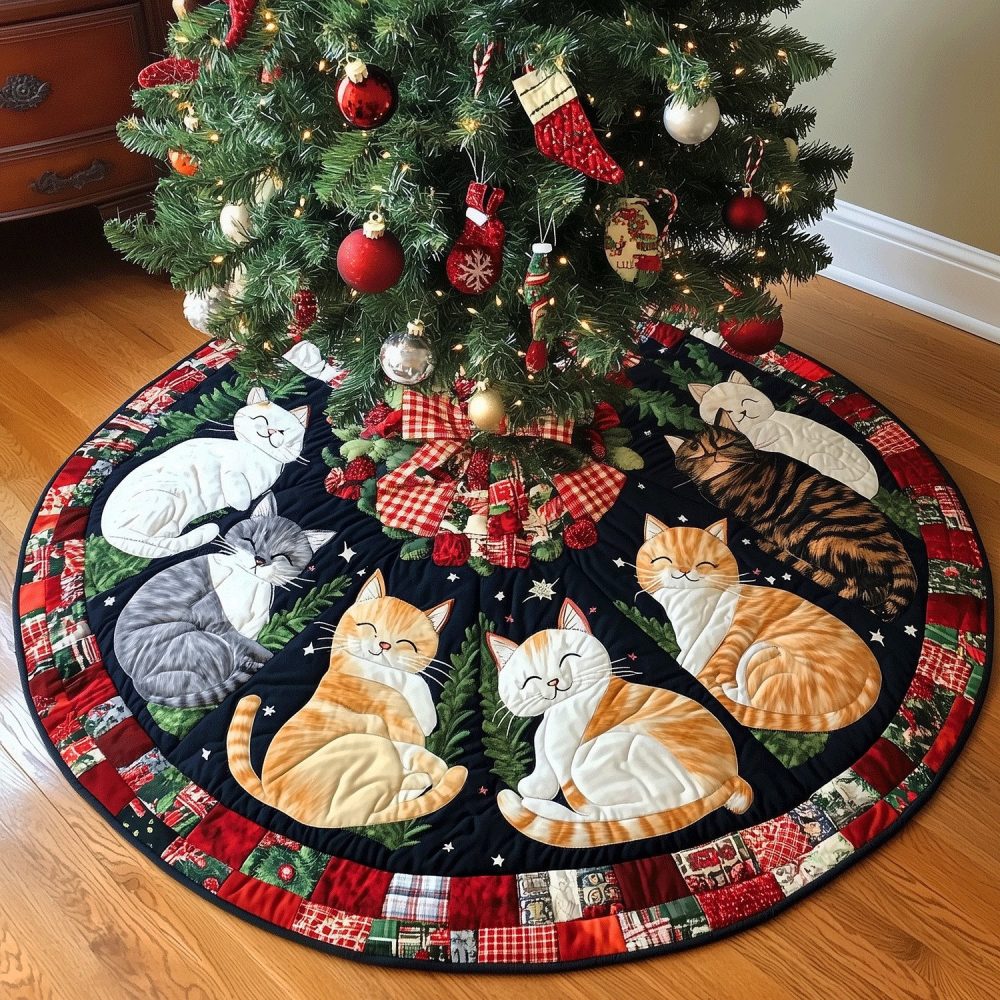 Whisker Wishes Holiday Tree Skirt – Custom Handmade Christmas Tree Skirt With Whimsical Cat Motifs And Premium Fabric Choices, Made To Order