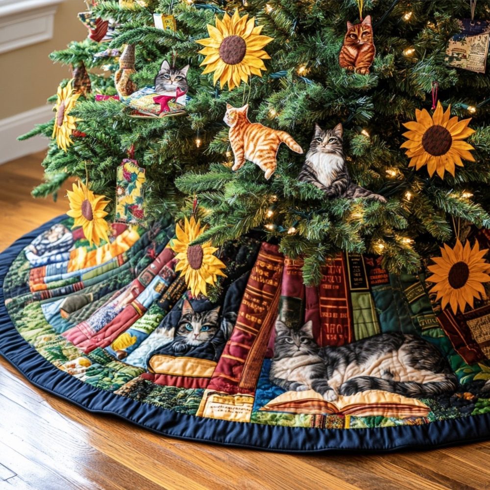 Whiskers In Bloom Floral Tree Skirt – Handcrafted Cat And Floral Christmas Tree Skirt, Custom Colors And Sizes For Spring-Inspired Holiday Charm