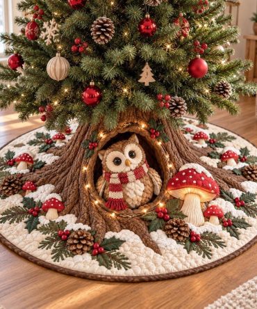 Whisper Owl Christmas Tree Skirt — Handcrafted Night-Sky Motif Tree Base Cover With Owl Accent, Custom Holiday Decor