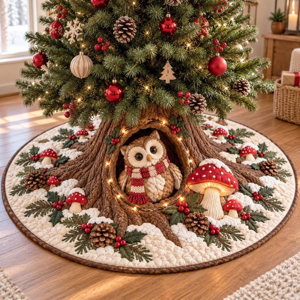 Whisper Owl Christmas Tree Skirt — Handcrafted Night-Sky Motif Tree Base Cover With Owl Accent, Custom Holiday Decor