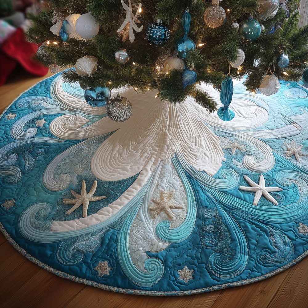 Whispering Waves Holiday Tree Skirt - Serene Coastal Wave Pattern Christmas Tree Skirt, Made-To-Order Beachy Seasonal Decor