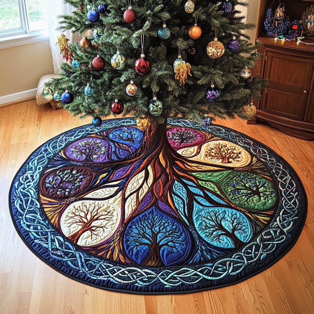 Whispering Willows Christmas Tree Skirt - Tranquil Willow Pattern Made-To-Order Tree Skirt, Natural & Elegant Holiday Accent