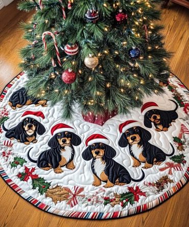 Wiener Dog Whimsy Christmas Tree Skirt - Playful Dachshund Holiday Skirt On Ivory, Made-To-Order Pet-Friendly Decor