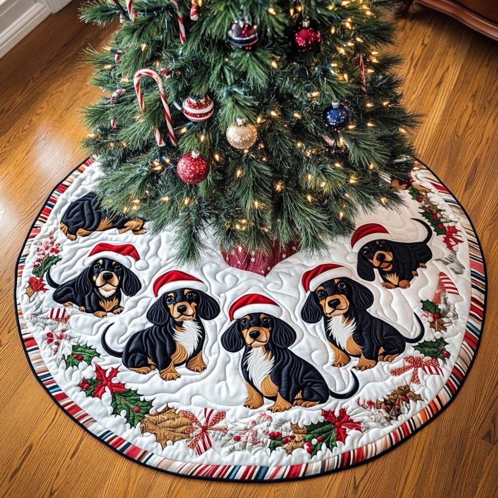 Wiener Dog Whimsy Christmas Tree Skirt - Playful Dachshund Holiday Skirt On Ivory, Made-To-Order Pet-Friendly Decor