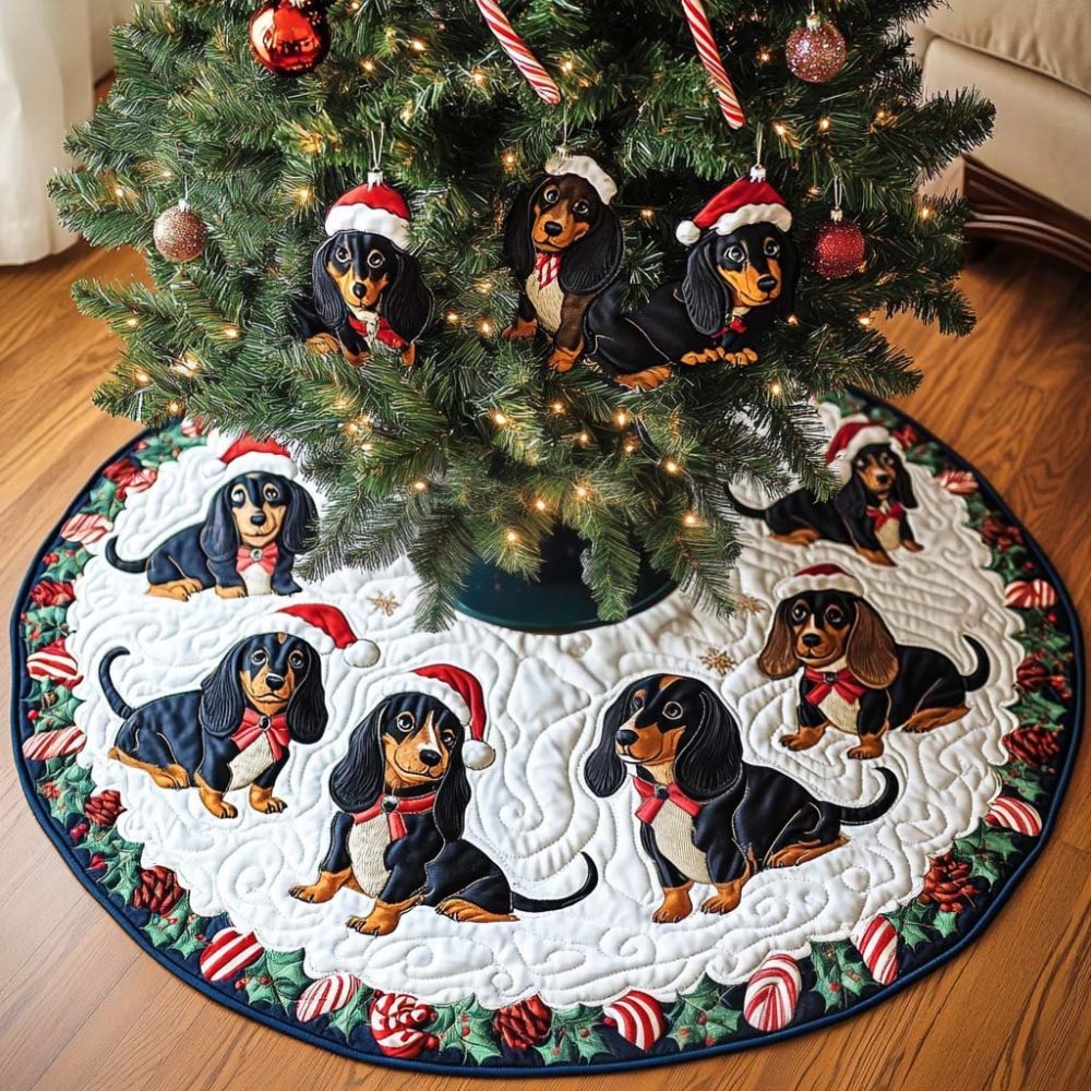 Dachshund Santa Hat Holiday Tree Skirt - Cream Background Handcrafted Christmas Tree Skirt, Made-To-Order Pet Lover Gift
