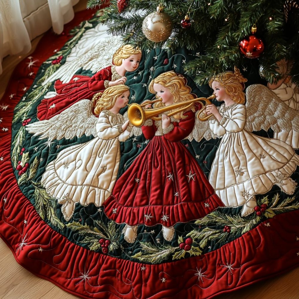 Wings Of Festivity Festive Christmas Tree Skirt — Joyful Angel Wing Design, Custom Handcrafted Holiday Skirt With Personalization Options