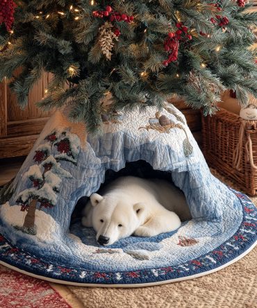 Cozy Winter Bear Hollow Christmas Tree Skirt — Rustic Forest Bear Holiday Skirt, Custom Made & Personalizable, Handmade Quality