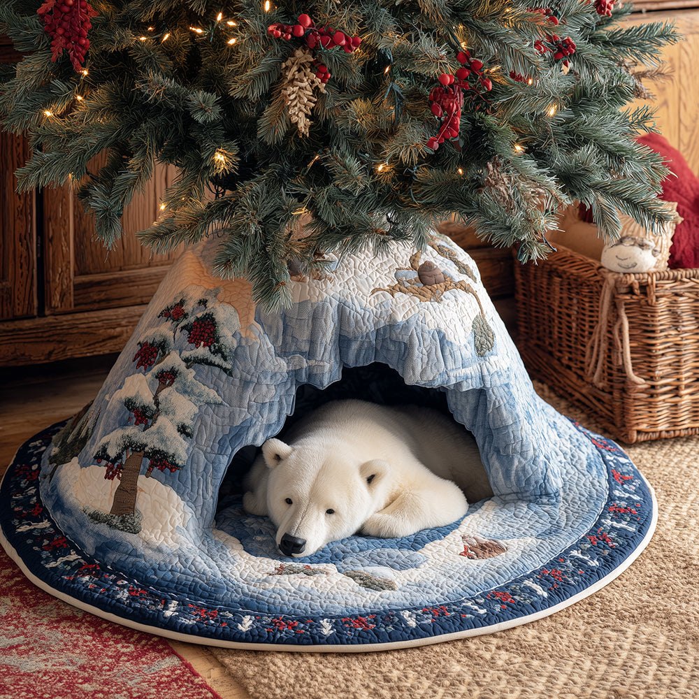 Cozy Winter Bear Hollow Christmas Tree Skirt — Rustic Forest Bear Holiday Skirt, Custom Made & Personalizable, Handmade Quality