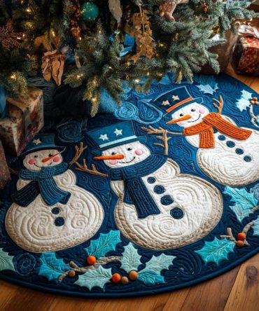 Snowmen With Blue Scarves Teal Tree Skirt — Made-To-Order Playful Holiday Skirt With Teal Backdrop & Blue Scarf Snowmen Pattern