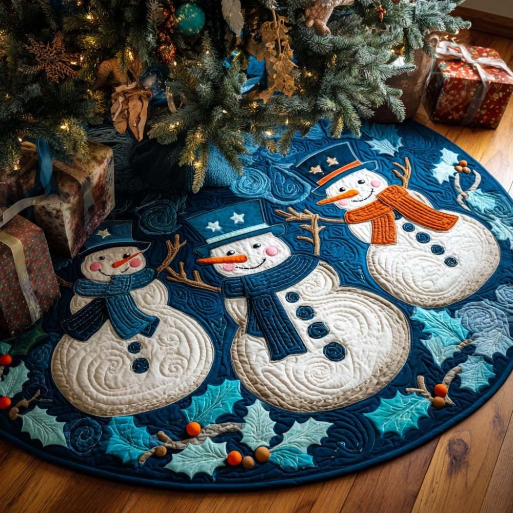 Snowmen With Blue Scarves Teal Tree Skirt — Made-To-Order Playful Holiday Skirt With Teal Backdrop & Blue Scarf Snowmen Pattern