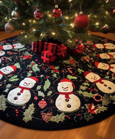 Snowman Faces On Holly Navy Tree Skirt — Custom Made Christmas Skirt With Playful Snowmen & Holly Motif On Deep Navy Fabric