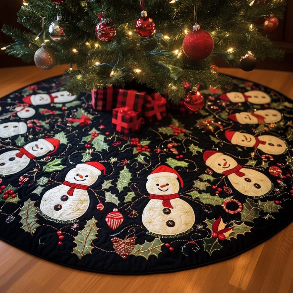 Snowman Faces On Holly Navy Tree Skirt — Custom Made Christmas Skirt With Playful Snowmen & Holly Motif On Deep Navy Fabric
