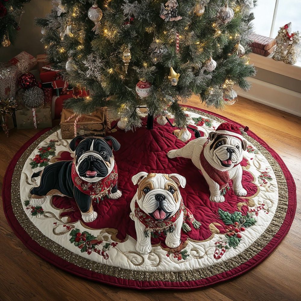 Winter Bulldog Wishes Tree Skirt — Made-To-Order Charming Bulldog Christmas Skirt, Sturdy Fabric, Custom Sizes & Trim Choices