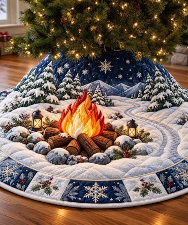 Campfire Nights Winter Tree Skirt - Made-To-Order Rustic Holiday Skirt With Log, Flame & Cozy Plaid Details, Machine Washable