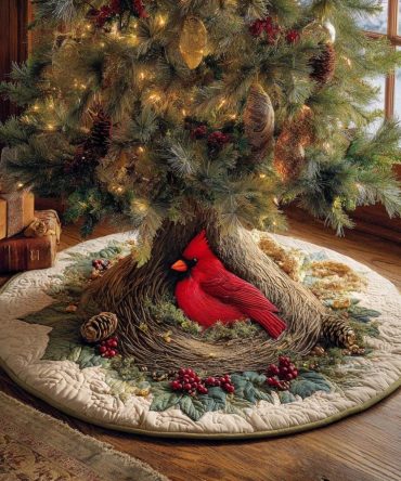 Winter Cardinal Nest Holiday Tree Skirt — Handmade Red Cardinal Nest Christmas Skirt, Custom Bird-Themed Seasonal Decor