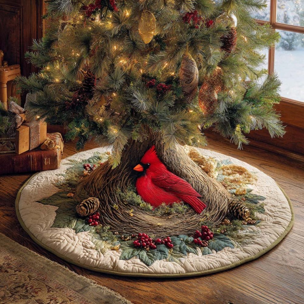 Winter Cardinal Nest Holiday Tree Skirt — Handmade Red Cardinal Nest Christmas Skirt, Custom Bird-Themed Seasonal Decor