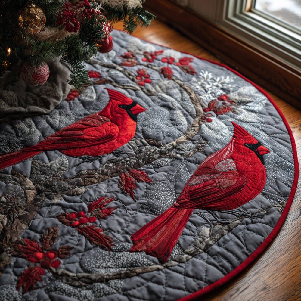 Winter Cardinal Single-Pair Tree Skirt — Custom Made Holiday Skirt With Elegant Cardinal Design, Soft Fabric & Perfect Gift Option