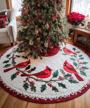 Winter Cardinals Festive Tree Skirt — Made-To-Order Holiday Skirt With Cardinal Motif, Premium Textiles, Classic Red & Green Palette