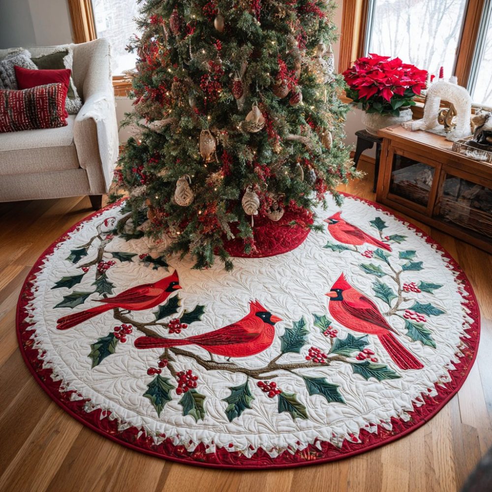 Winter Cardinals Festive Tree Skirt — Made-To-Order Holiday Skirt With Cardinal Motif, Premium Textiles, Classic Red & Green Palette