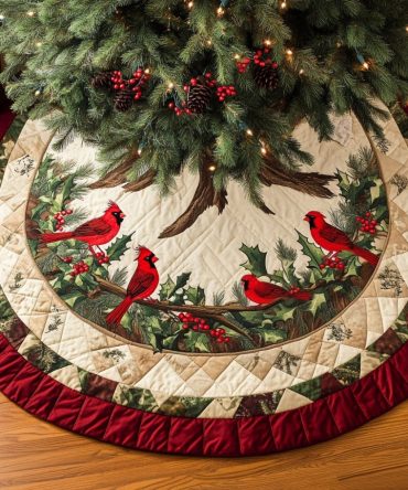 H019 Winter Cardinals Hand-Stitched Christmas Tree Skirt — Premium Red Cardinal Holiday Skirt, Custom Seasonal Edition