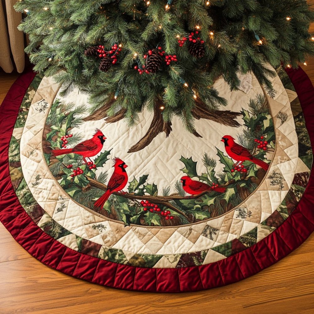 H019 Winter Cardinals Hand-Stitched Christmas Tree Skirt — Premium Red Cardinal Holiday Skirt, Custom Seasonal Edition