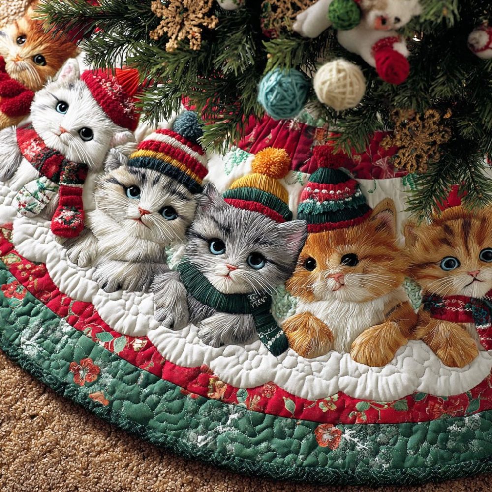 Winter Cat Delight Christmas Tree Skirt — Custom Made Feline Holiday Skirt, Cute Cat Illustrations On Soft, Durable Fabric