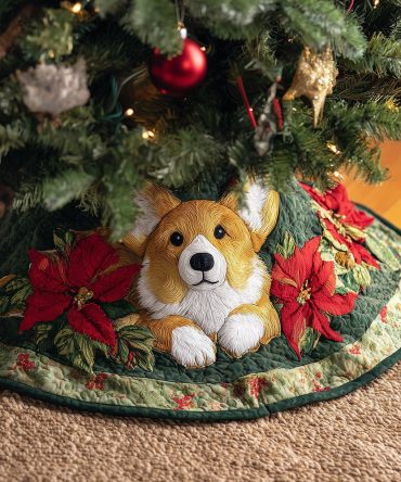 Winter Corgi Burrow Holiday Tree Skirt — Custom Corgi Patterned Christmas Skirt, Plush Finish, Handmade Sizes & Trim Options
