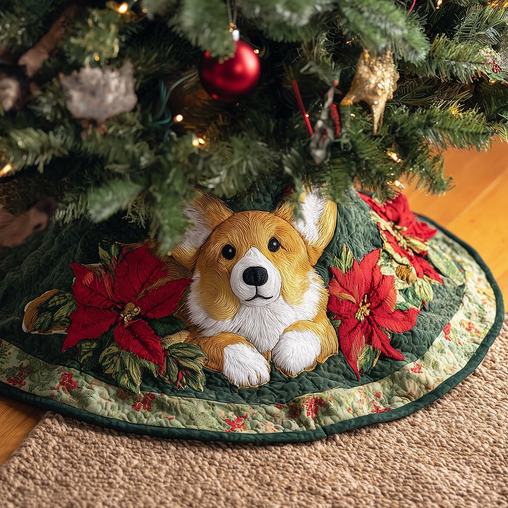 Winter Corgi Burrow Holiday Tree Skirt — Custom Corgi Patterned Christmas Skirt, Plush Finish, Handmade Sizes & Trim Options