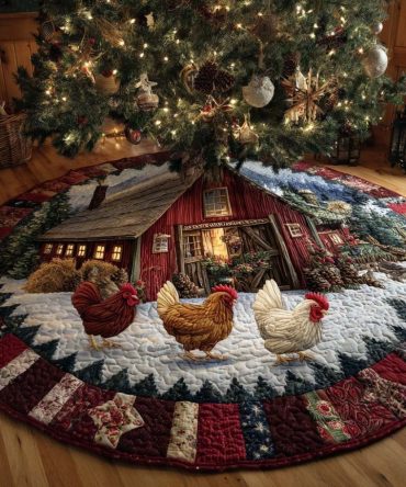Winter Cottage Gathering Christmas Tree Skirt — Handcrafted Cozy Village Holiday Skirt, Custom Snowy Cottage Scene Décor