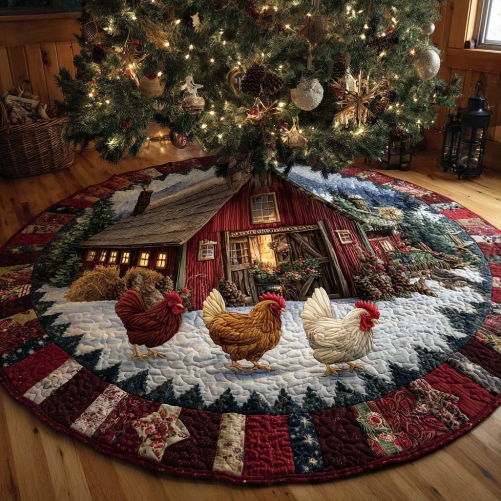 Winter Cottage Gathering Christmas Tree Skirt — Handcrafted Cozy Village Holiday Skirt, Custom Snowy Cottage Scene Décor