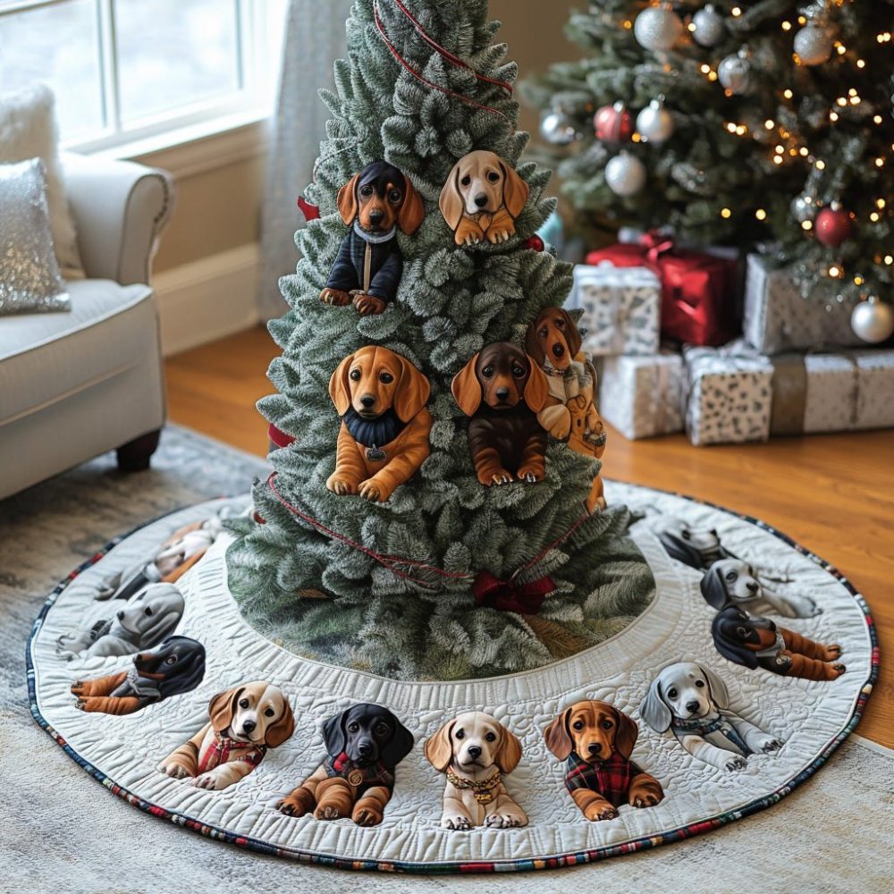 Winter Dachshund Charm Tree Skirt — Made-To-Order Doxie-Themed Christmas Skirt, Durable Fabric, Perfect Gift For Dog Fans