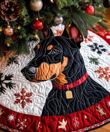 Winter Doberman Sentinel Tree Skirt — Custom Made Dog-Lover Christmas Skirt Featuring Doberman Silhouettes On Cozy Holiday Fabric