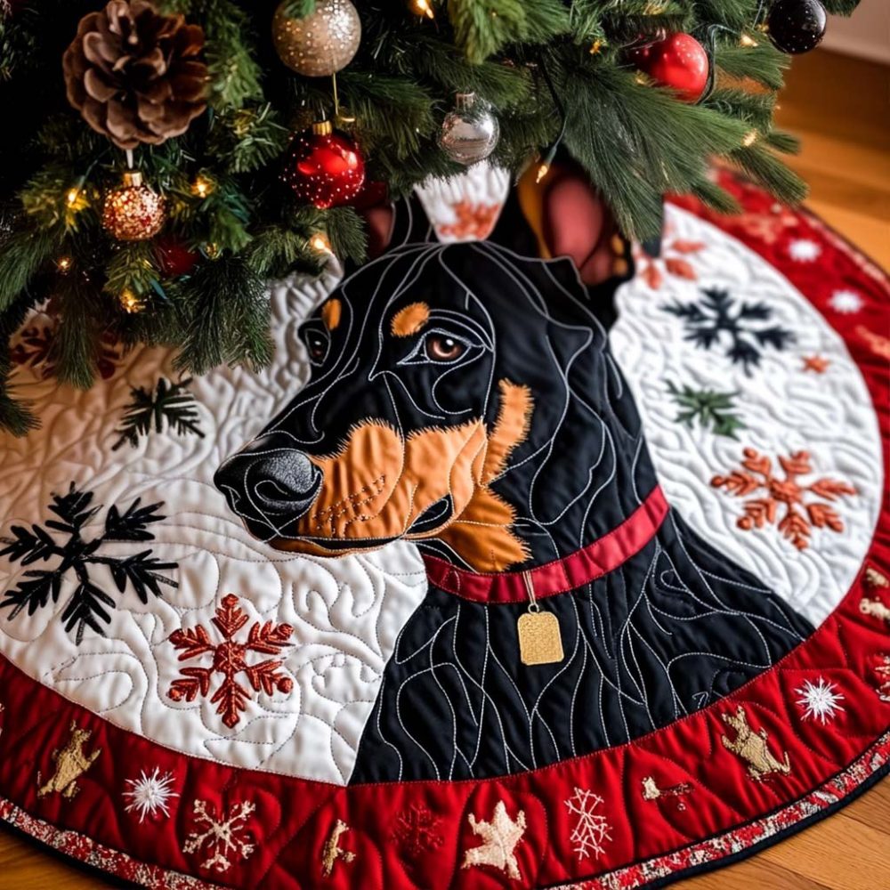 Winter Doberman Sentinel Tree Skirt — Custom Made Dog-Lover Christmas Skirt Featuring Doberman Silhouettes On Cozy Holiday Fabric