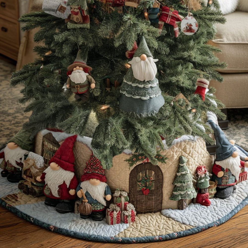 Winter Evergreen Gnomes Tree Skirt — Custom-Made Festive Holiday Skirt With Whimsical Gnome Pattern, Durable Holiday Fabric