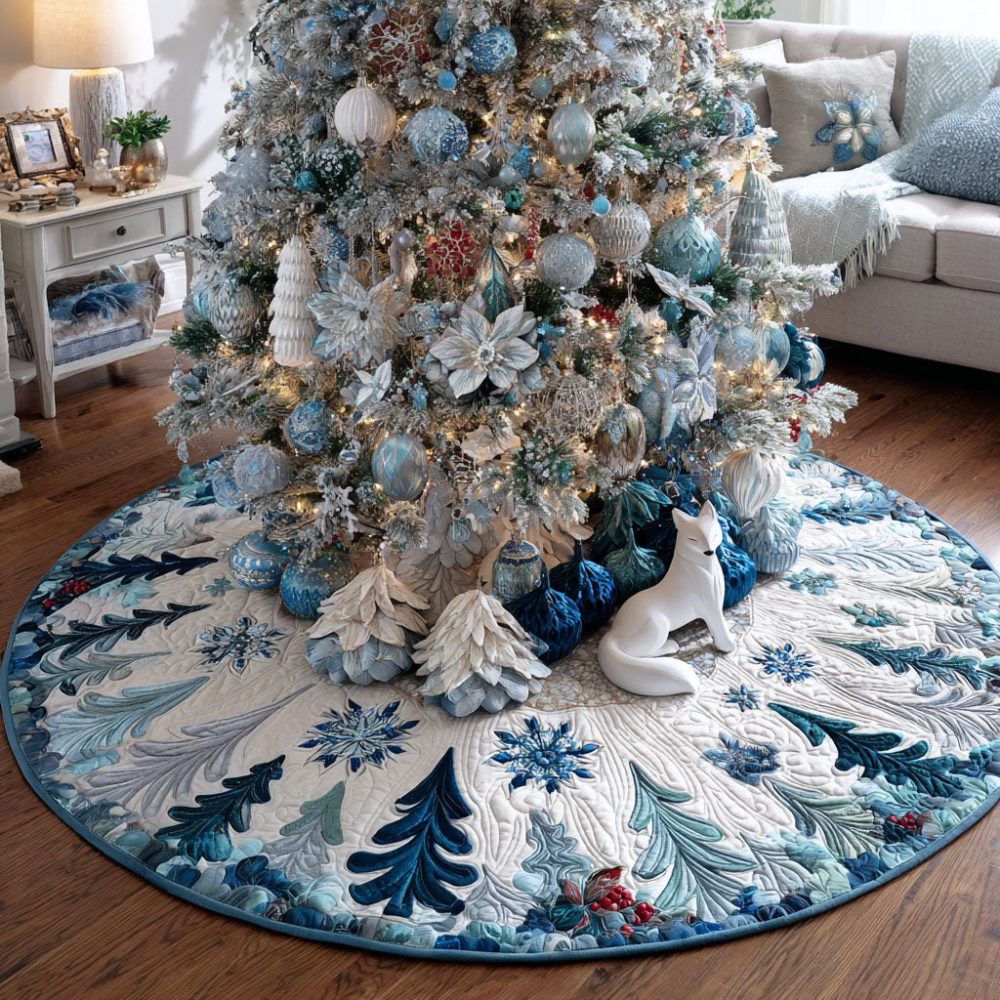Winter Evergreens Classic Tree Skirt - Custom Made Evergreen Pattern, Premium Materials, Handcrafted For Timeless Holiday Style