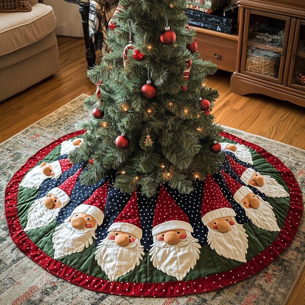 Santa Faces Red Wedge Ring Tree Skirt - Cheerful Holiday Skirt With Multiple Panels, Custom Made & Plush Finish For Festive Rooms