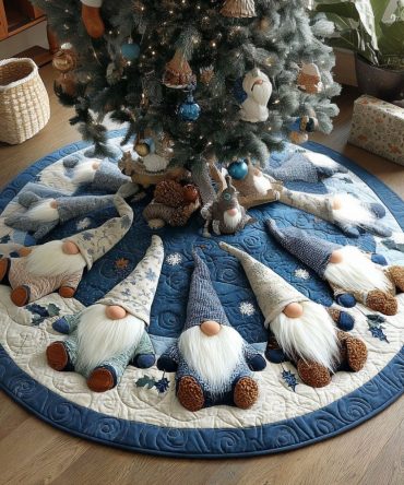 Ice Blue Gnome Panel Tree Skirt - Custom Wedge Design With Playful Gnomes, Soft Textures & Handcrafted Finish, Made-To-Order