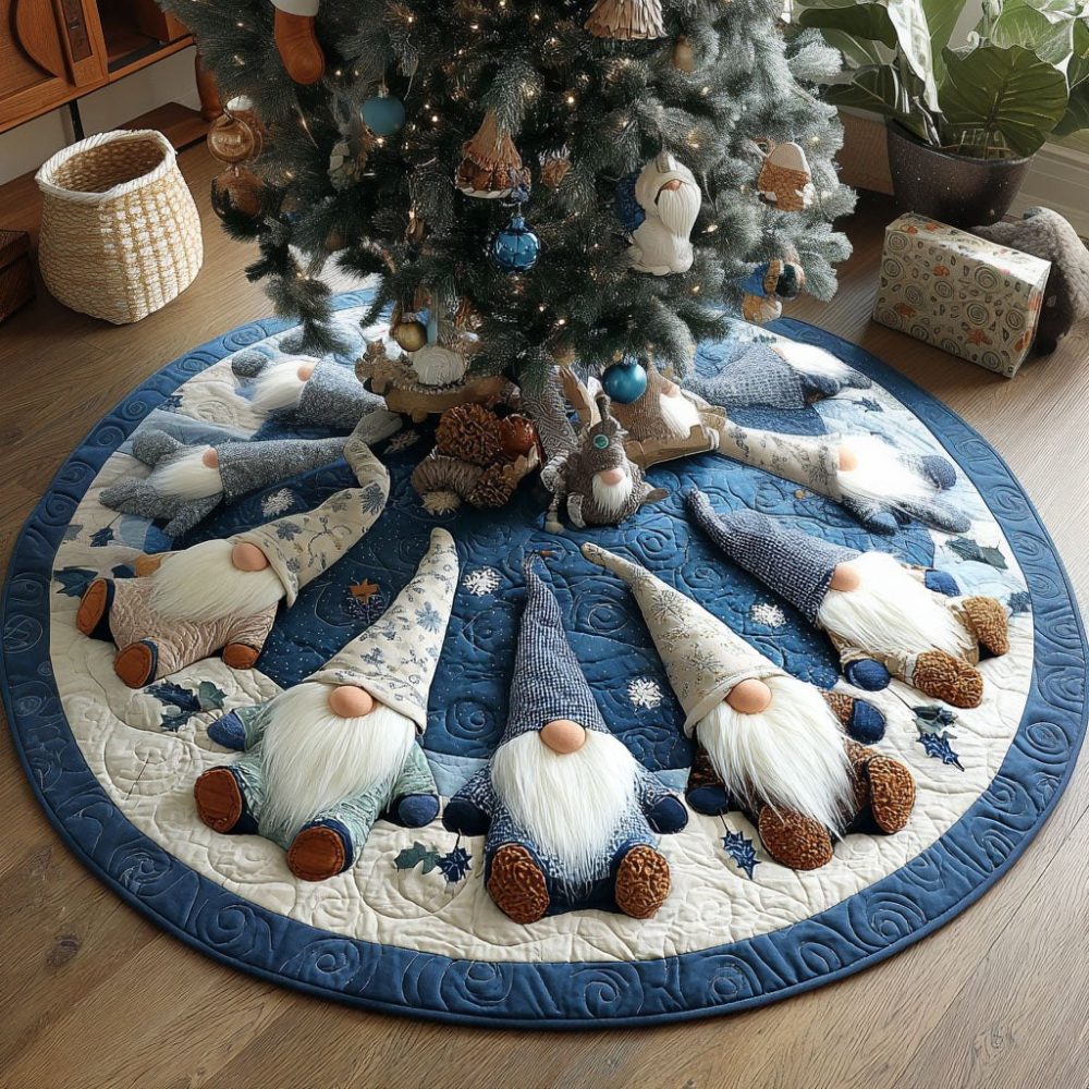 Ice Blue Gnome Panel Tree Skirt - Custom Wedge Design With Playful Gnomes, Soft Textures & Handcrafted Finish, Made-To-Order