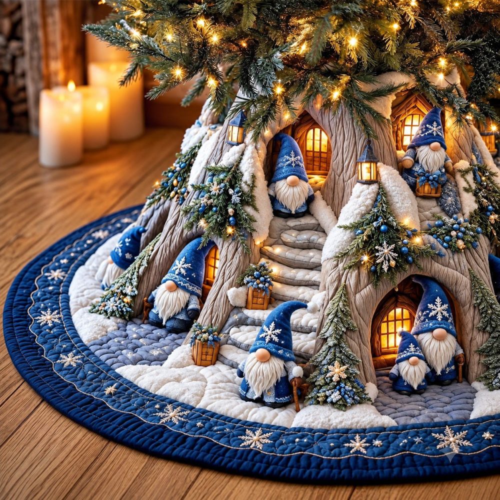 Personalized Winter Gnome Tree Skirt — Handmade, Made-To-Order Holiday Decor With Charming Gnome Village Scene, Gift-Ready