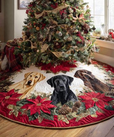Ivory Poinsettia Tree Skirt Featuring Labrador Retrievers — Personalized Christmas Skirt, Custom Made Holiday Decor For Lab Lovers