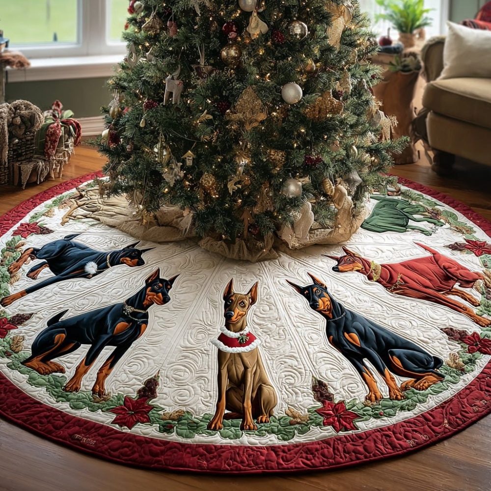 Ivory Poinsettia Christmas Tree Skirt With Doberman Silhouettes — Elegant Custom Holiday Skirt, Personalized For Dog Lovers, Handmade