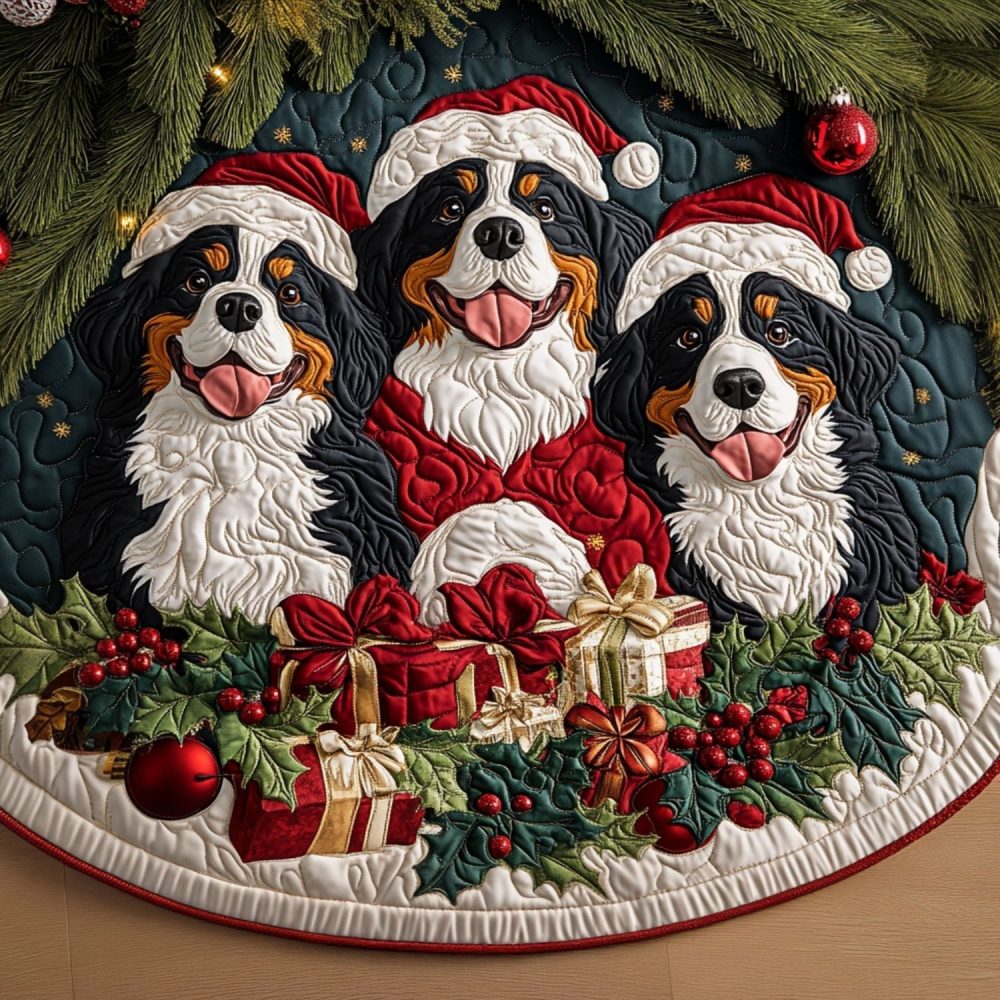 Handmade Crimson Holiday Tree Skirt With Bernese Mountain Dog Trio & Gift Motifs — Custom, Personalized Pet Christmas Decor