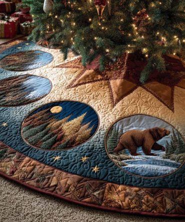 Winter Guardian Snow Forest Christmas Tree Skirt — Handcrafted Protective Forest Design, Custom Rustic Holiday Base