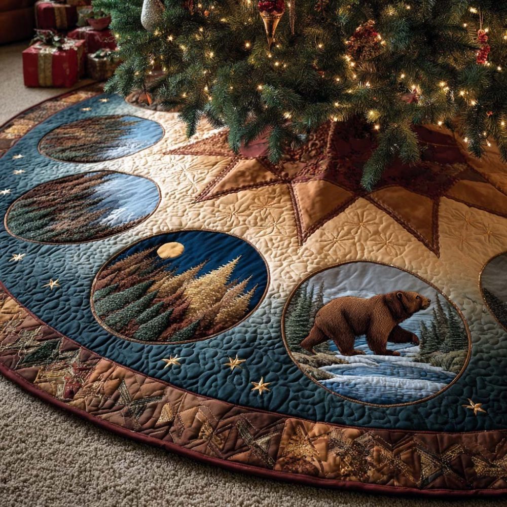 Winter Guardian Snow Forest Christmas Tree Skirt — Handcrafted Protective Forest Design, Custom Rustic Holiday Base