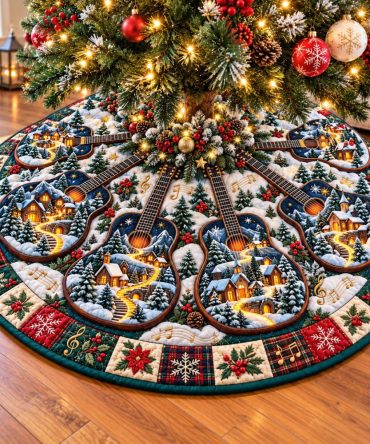 Made-To-Order Winter Guitar Village Christmas Tree Skirt - Musical Holiday Village Scene, Custom Festive Tree Base Decor