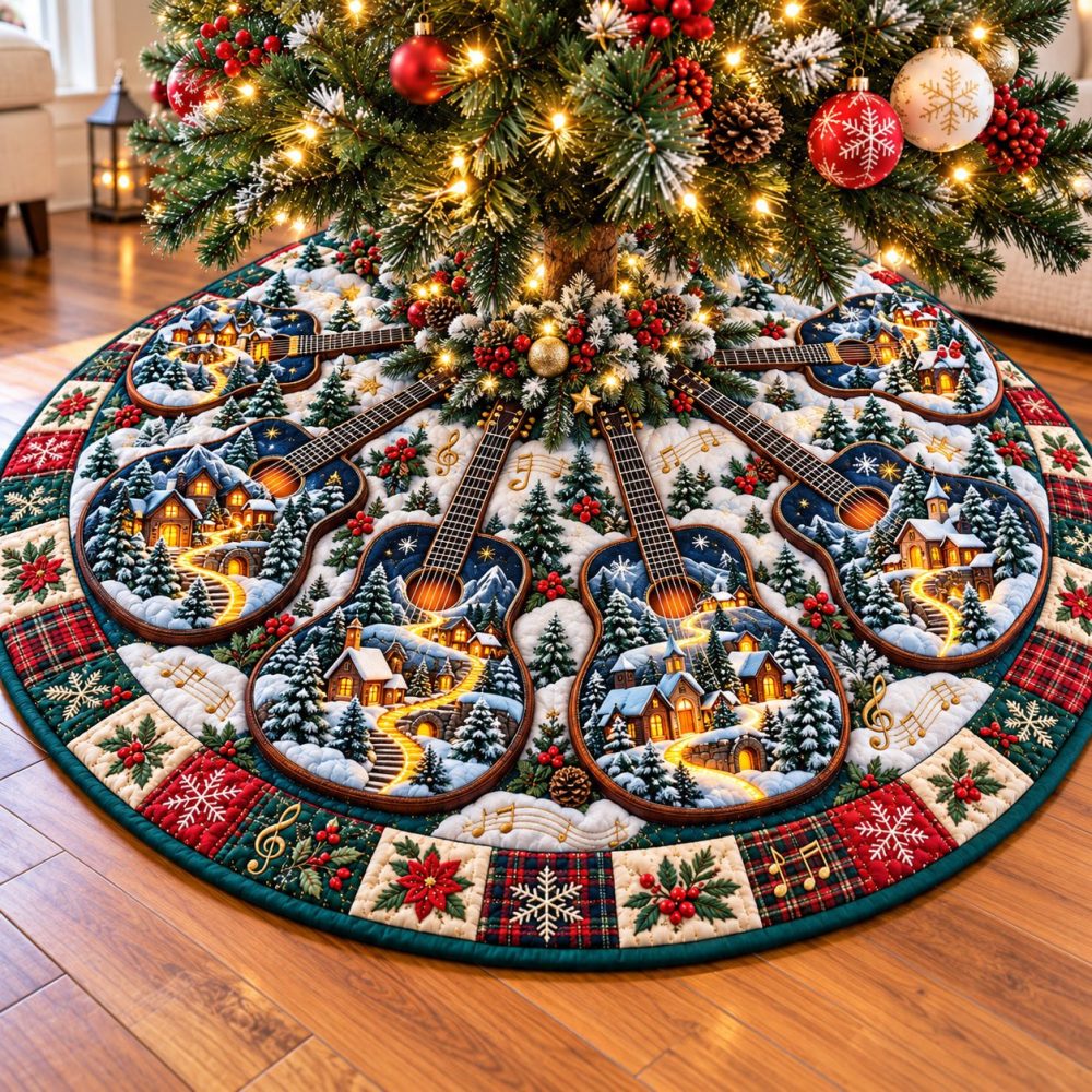Made-To-Order Winter Guitar Village Christmas Tree Skirt - Musical Holiday Village Scene, Custom Festive Tree Base Decor