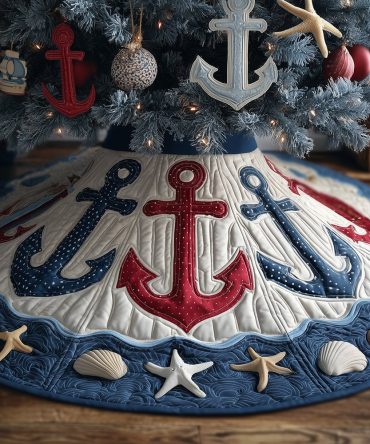 Nautical Harbor Anchor Christmas Tree Skirt - Winter Harbor Design, Custom Made, Durable Fabrics & Coastal Holiday Vibe