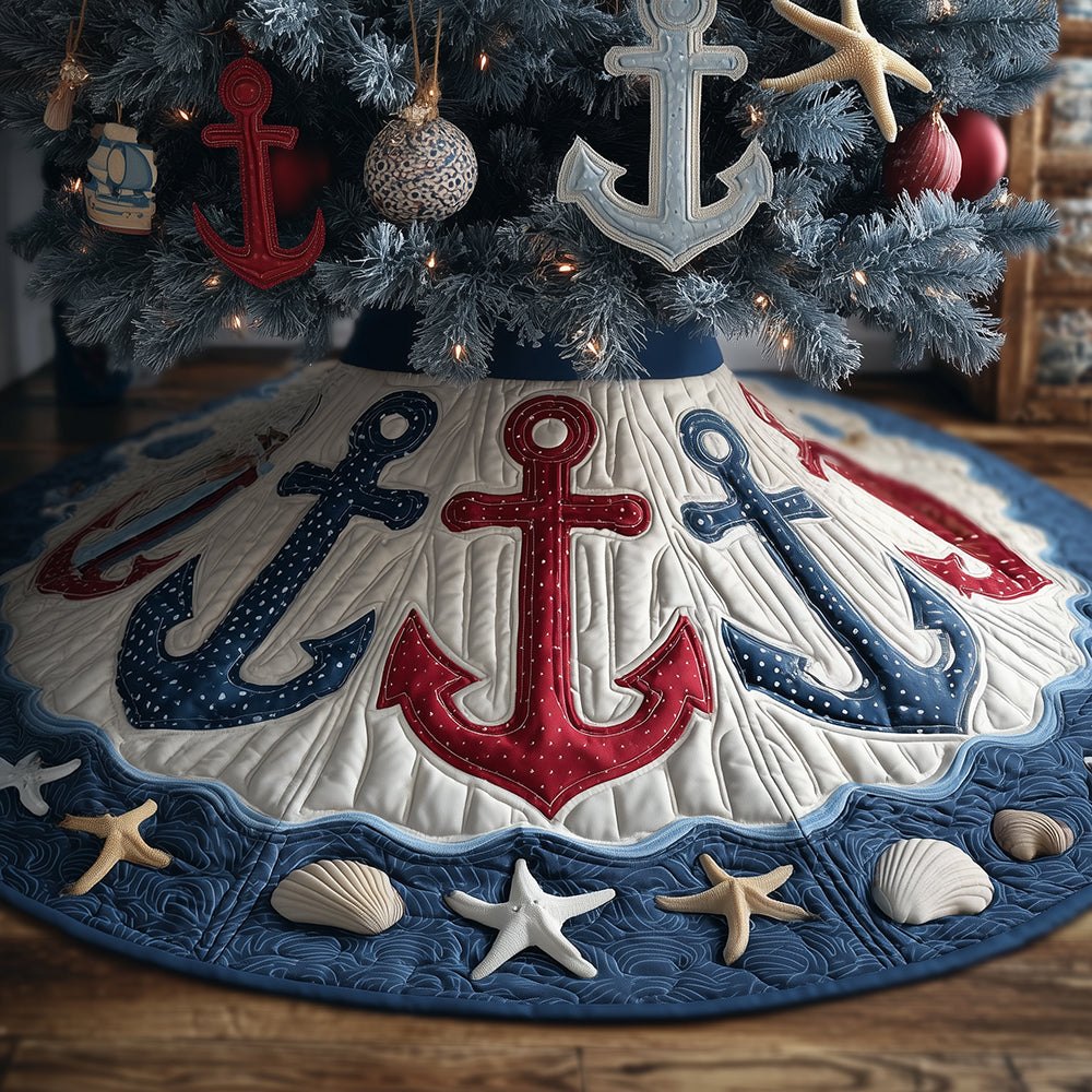 Nautical Harbor Anchor Christmas Tree Skirt - Winter Harbor Design, Custom Made, Durable Fabrics & Coastal Holiday Vibe