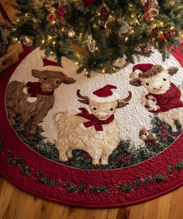 Highland Cow Winter Tree Skirt - Rustic Holiday Décor, Custom Made With Cozy Textures & Embroidery Options, Handcrafted